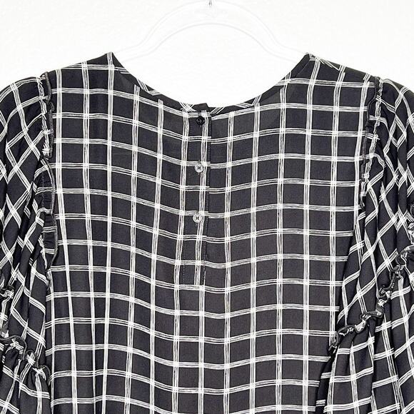 LOFT Ruffle Sleeve Blouse Button Back Windowpane Plaid Black White Size Medium - Picture 5 of 9
